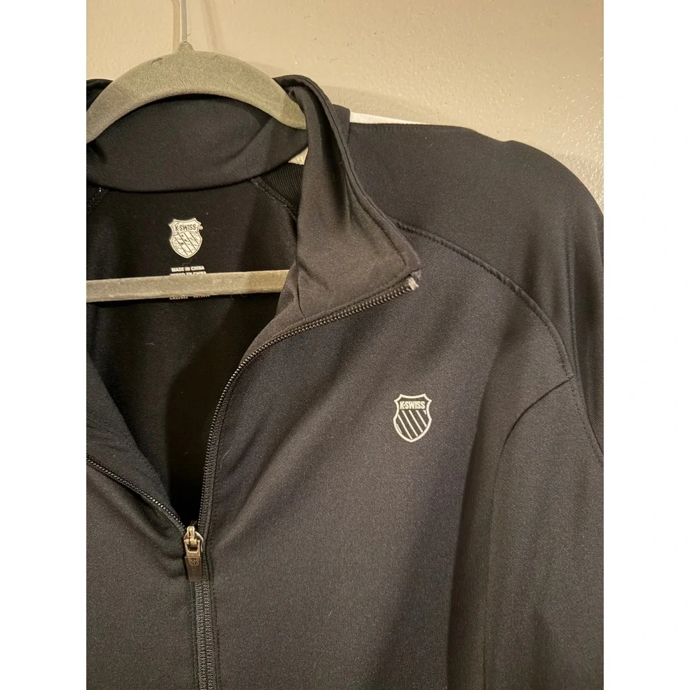 K-Swiss Mens Track Jacket Black White Full Zip Athletic Sportswear XL fits L
